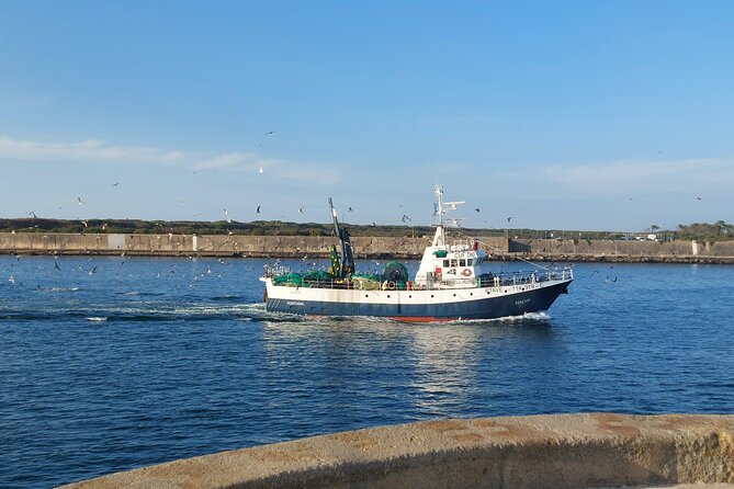 From Aveiro: Costa Nova, Barra, Vista Alegre - Half-Day Trip - Praia da Barra: the lagoon-to-sea opening and an old-stone lighthouse